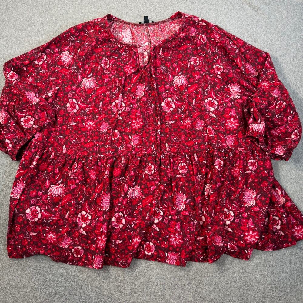 Lane Bryant Women's Plus Size 38/40 Red Floral Peasant Blouse Top 3/4 Sleeve